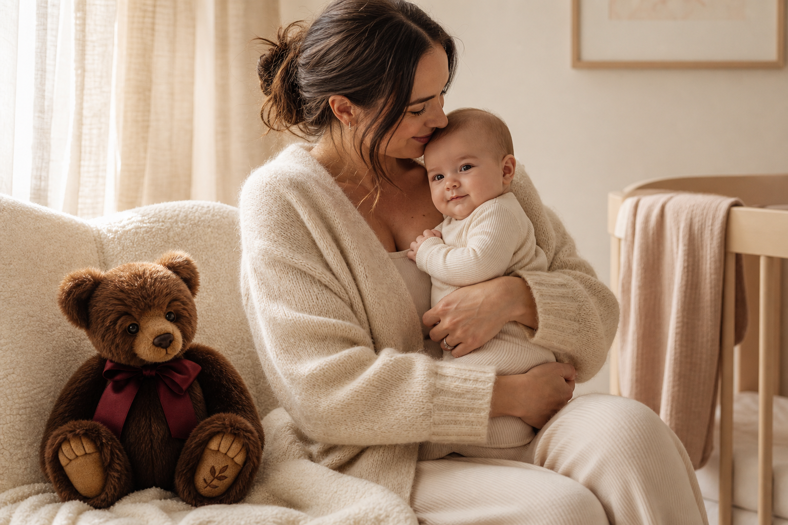 Mother and baby in a calm nursery with a premium teddy bear