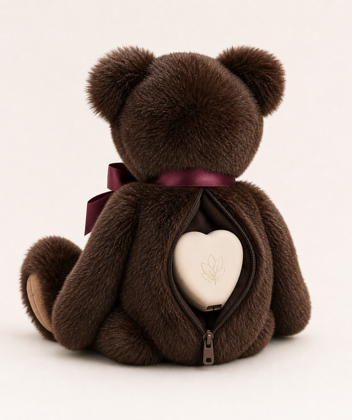 Back view of AI Teddy with the removable heart-shaped pod visible